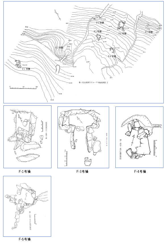 駄ヶ原古墳群 地形図と石室（F 支群 1～7 号墳）