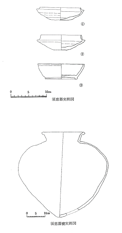 駄ヶ原古墳群・霧ヶ滝古墳群 表採遺物実測図（須恵器坏 ①②③・須恵器甕 ④）