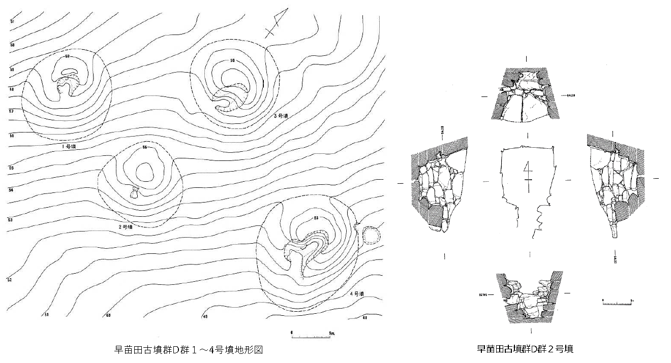 早苗田古墳群 D 支群 地形図と石室（1～4 号墳）